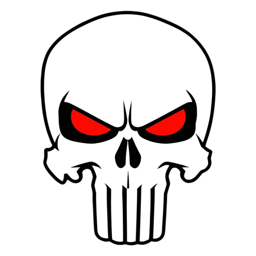 Punisher skull with bright glowing red eyes, menacing sticker