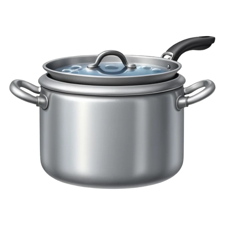 small metal pot filled with boiling water on a stove, visible hot steam and rising bubbles, realistic heat effect, shiny pot surface, bright lighting, clean white background sticker