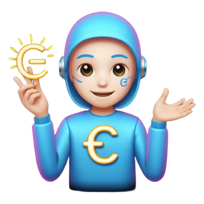 Tiny smiling cyber creature made of neon lines, holding a small glowing C symbol, with little sparks around it. sticker