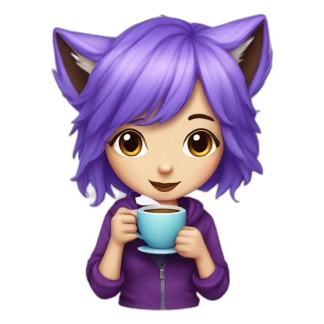 Purple haired fox girl with one eye blue and the other purple, drinking coffe sticker