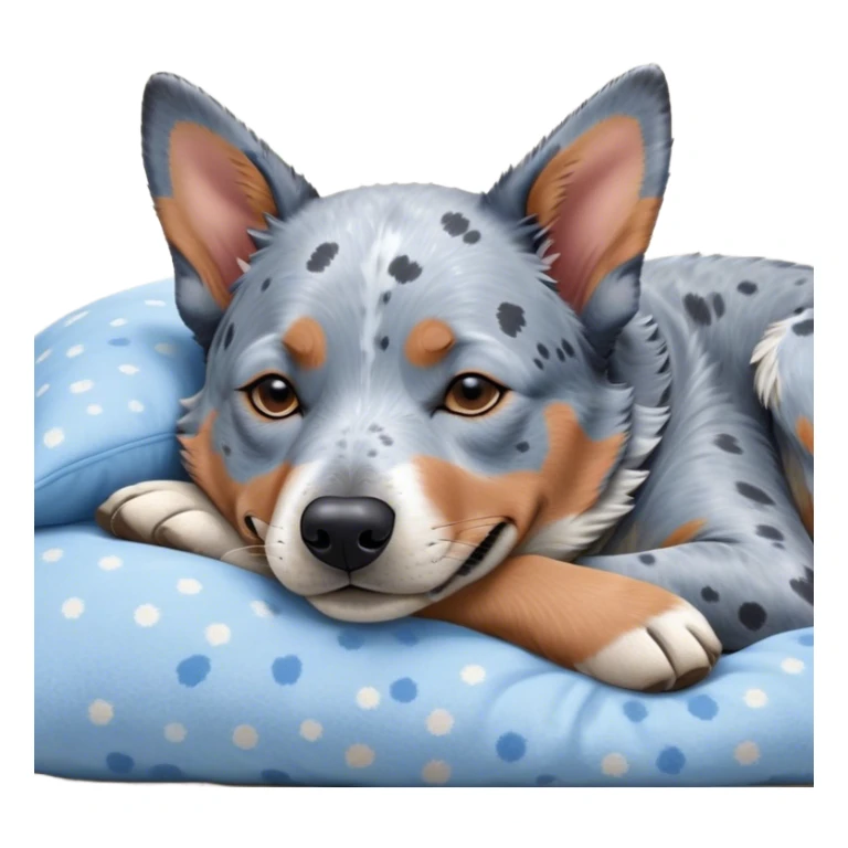 Meme-Worthy Cute Sleeping Blue Speckle Australian Cattle Dog Portrait Emoji, Head resting peacefully with a contented smile, showcasing a robust build and a luxuriously soft blue speckle Fur, eyes shut in a serene nap, Simplified yet hilariously adorable features, highly detailed, glowing with a soft, drowsy light, high shine, relaxed and utterly lovable, stylized with an air of playful laziness, bright and heartwarming, soft glowing outline, capturing the essence of a comically sleepy herder, so meme-worthy it feels like it could instantly become the next viral sensation of adorable slumber! sticker