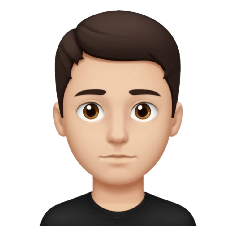 a white boy with dark brown hair, brown eyes, black septum nose piercing, black shirt sticker