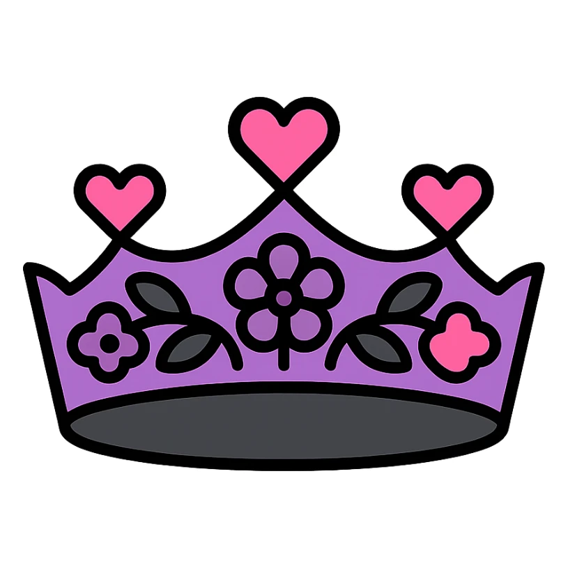 gothic flower crown, modern, clean lines, minimalistic, with heart accents, black, pink, and purple sticker