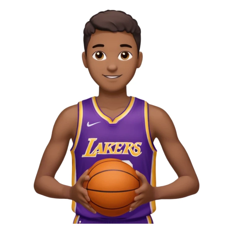 generate an ios genmoji of a handsome dark 20 year old in a purple lakers basketball jersey, basketball in hand, smirking sticker