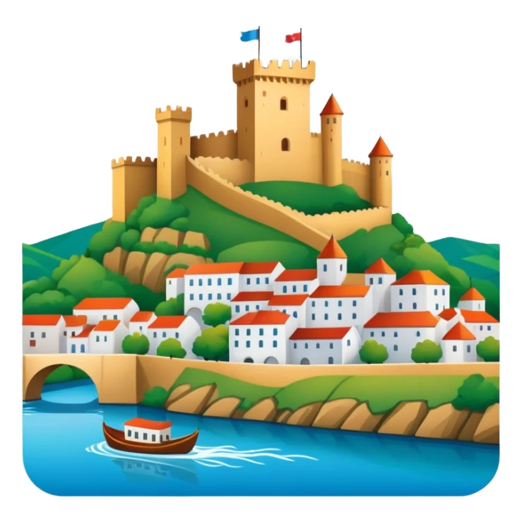 icon representing Mértola, Portugal, with a castle and river sticker