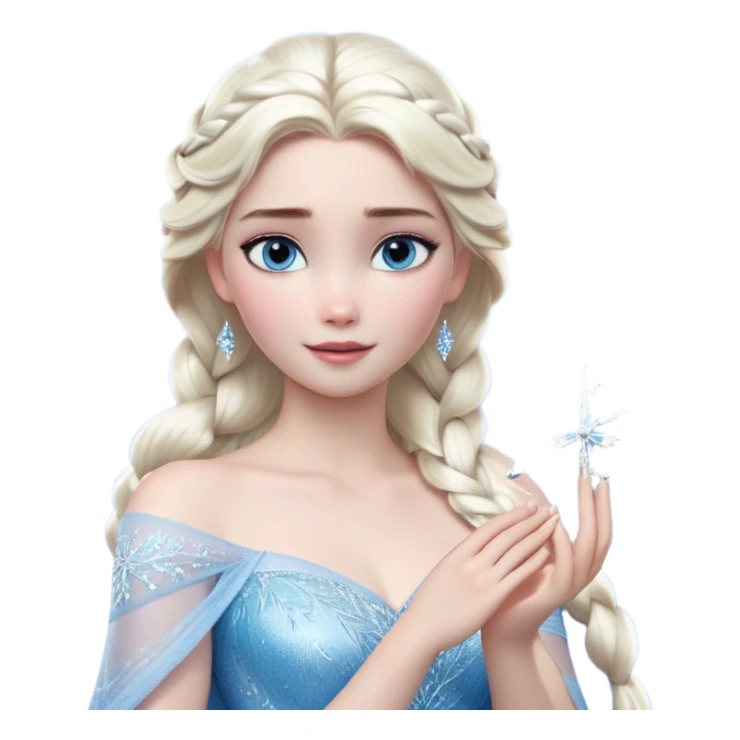 Cinematic Realistic Elsa Portrait, depicted with lifelike skin texture, soft natural lighting, and intricately detailed platinum blonde hair styled elegantly. Her striking, expressive blue eyes exude confidence and grace, complemented by a serene and regal expression. She holds a shimmering snowflake delicately in one hand, her other hand resting against her gown, embodying the power and beauty of winter. She is dressed in her signature icy attire, with shimmering fabric textures and delicate folds that catch the light beautifully. The portrait features a soft, enchanting glow with a cool, radiant finish, capturing the essence of timeless elegance in a realistic and painterly style. sticker
