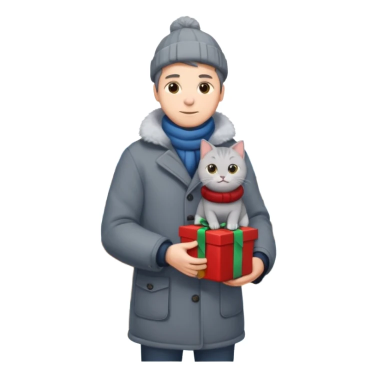 man houd kat vast en staat op dak met cadau`s sticker