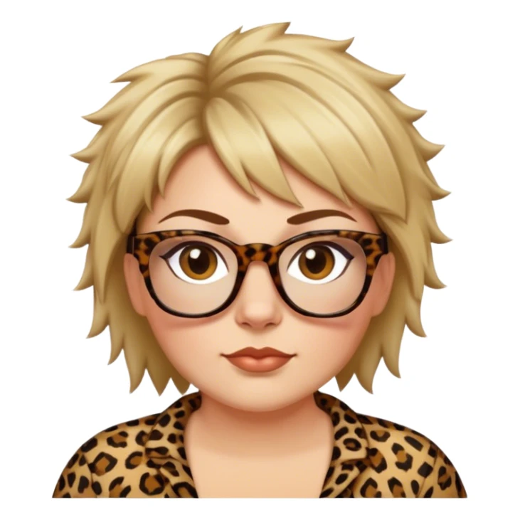 plus size white women dressed in leopard with short medium brown and blonde shaggy spiked hair wearing glasses with hazel color eyes and wide flat nose sticker