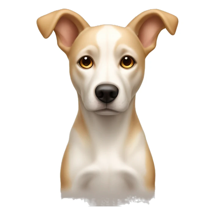cream white colored dog, pointy ears, brown eyes, light brown nose sticker