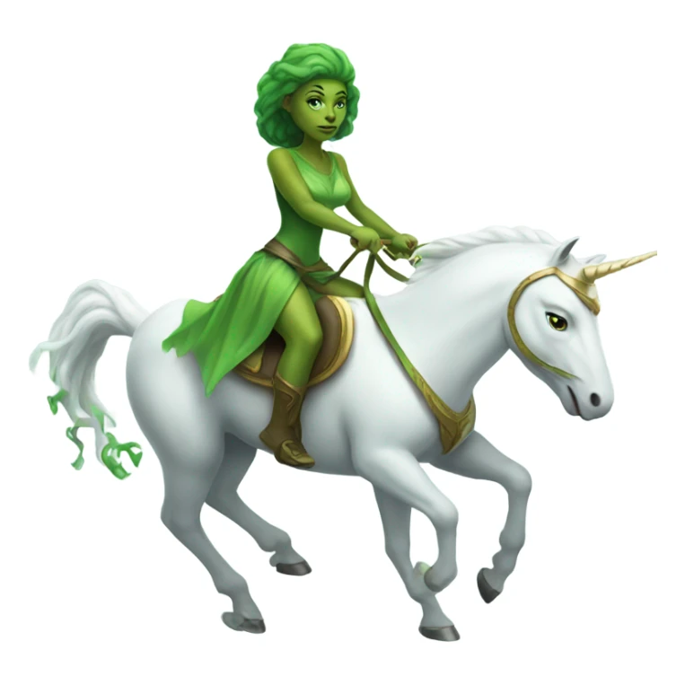 a green amazon alien woman on a white unicorn sticker