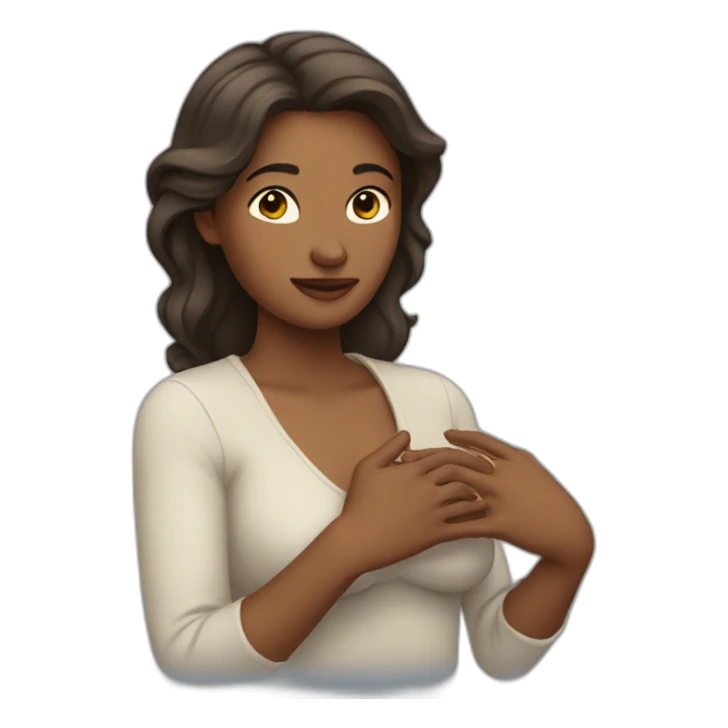 Woman holding up her chest sticker