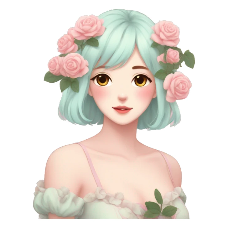 Gorgeous pastel anime style lady with blushing face and roses aesthetic trending style sticker