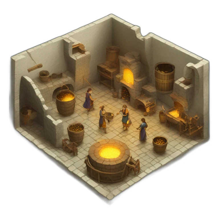 open floor plan of a medieval mint showing different people working, one person on the furnace, some people molding liquid gold into coins sticker