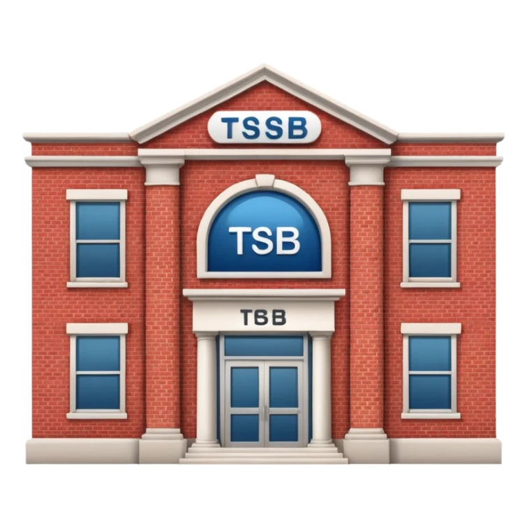 A bank with red building and labeled "TSB" on the building sticker