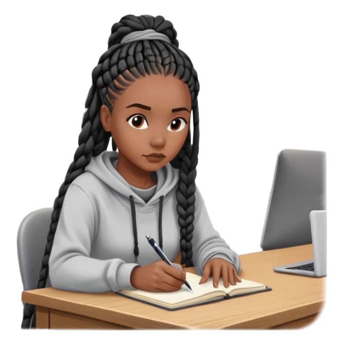  A dark-skinned Black woman with long black box braids, sitting at a desk, writing in a notebook, wearing a hoodie, looking focused. sticker