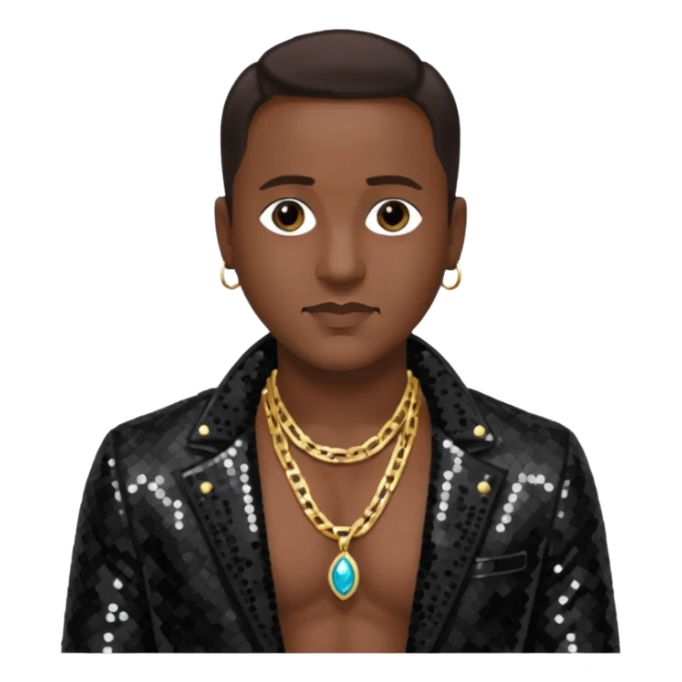 Johnny Gill with dark brown hair, black sequin jacket, shirtless with necklace sticker