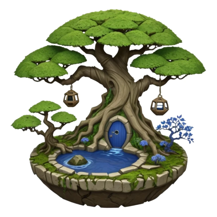 Alien spacecraft hanging jungle-vines mountain-island landscape antique mudman very old broken cracked intricate Stone Age rocky-crusted irregular dodecagon-shaped shallow dark moss rough bark blue willow flowered maple tree bonsai pot sticker