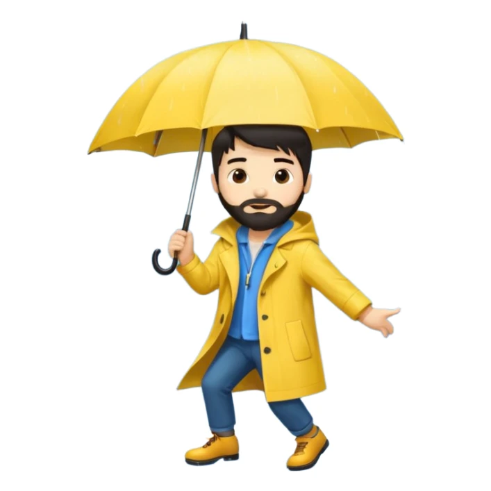 A dark-haired boy with a white beard dancing with an umbrella in the rain sticker