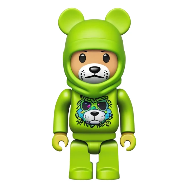 bearbrick toy wearing a lime green balaclava with graffiti style artwork sticker