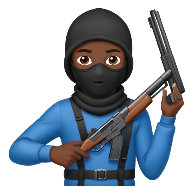 Dark skin boy with ski mask and gun sticker