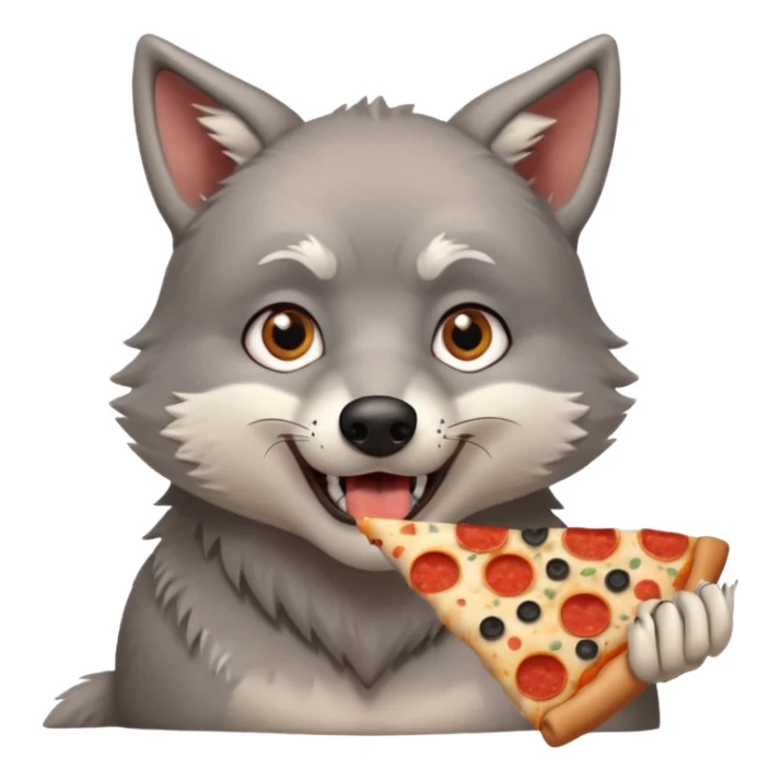 a sitting surprised grey wolf eating a piece of pizza emoji sticker
