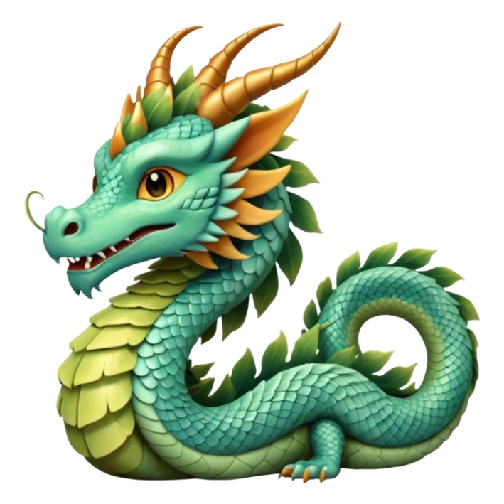  serpent dragon. Slim, serpentine body with smooth scales in soft blues and greens. Fluffy leaf plumes replace the tail fins, and a terracotta crown-like crest adorns its head. Gentle amber eyes. it should be similar to traditional chinese dragons. sticker