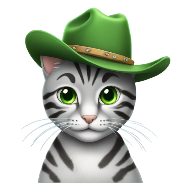 A silver tabby cat With green wearing a cow boy hat sticker