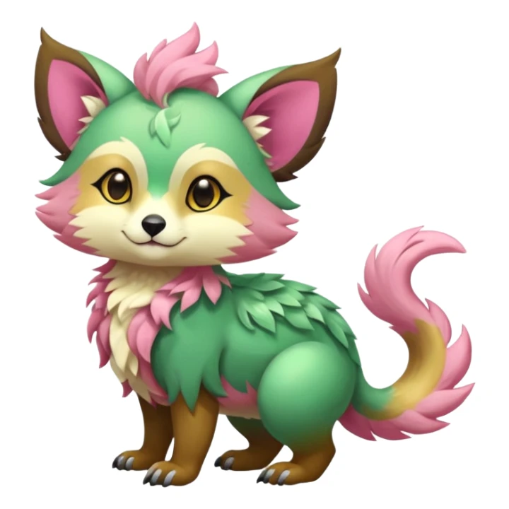 Colorful brown with rose pink, yellow-beige-cream, jade-green tropical exotic shiny beautiful fantasy-Vernid-Cacomistle-animal-Fakémon-hybrid-fursona (full body) sticker