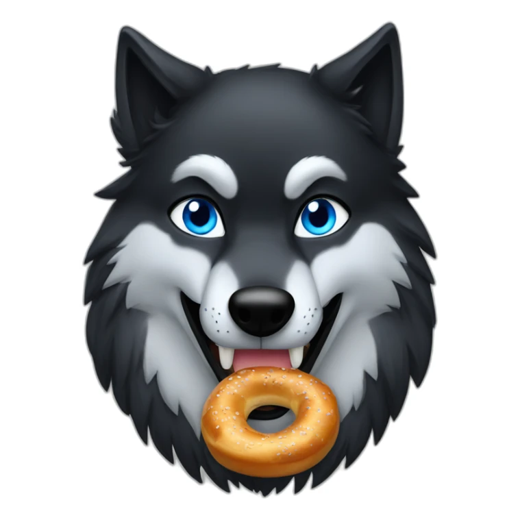 a full black wolf with blue eyes eating a bretzel sticker