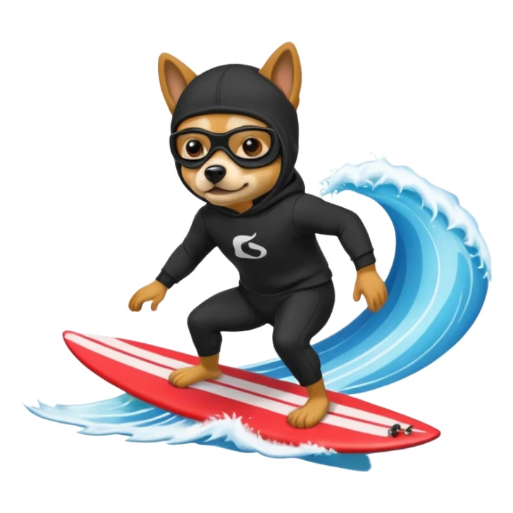 A dog with a black hoodie and a ski mask surfing sticker