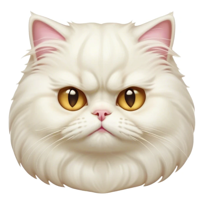 Cinematic Grumpy White Persian Cat Portrait Emoji, Head tilted playfully with a hint of sass, fluffy white fur with subtle hints of cream and golden tones, Simplified yet hilariously chubby features, highly detailed, glowing with a warm but undeniably grumpy glow, high shine, a mix of lazy and uninterested, stylized with a touch of whimsy, bright but with an expression of sheer disdain, soft glowing outline, capturing the essence of a mischievous yet chubby, grumpy kitty, so endearing it feels like it could stretch out of the screen and sarcastically demand attention with its iconic, grumpy charm! sticker