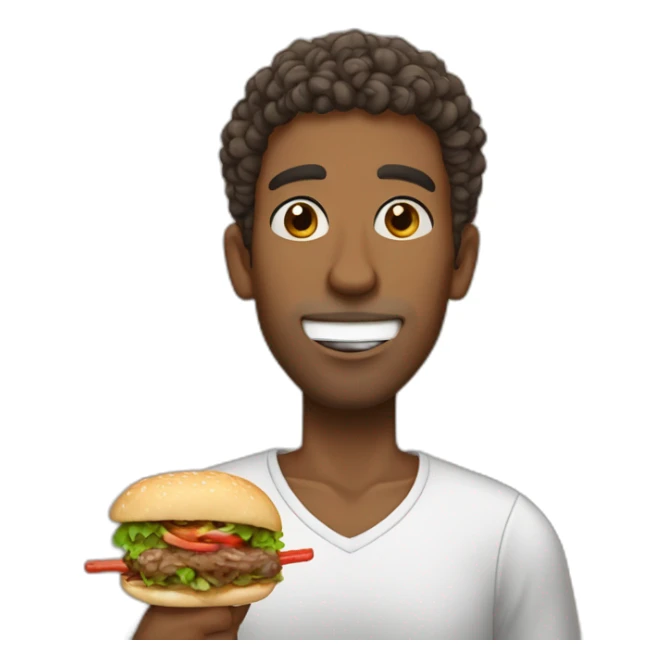 a brown skinned man, emaciated face with short curly hair eating a kebab sticker