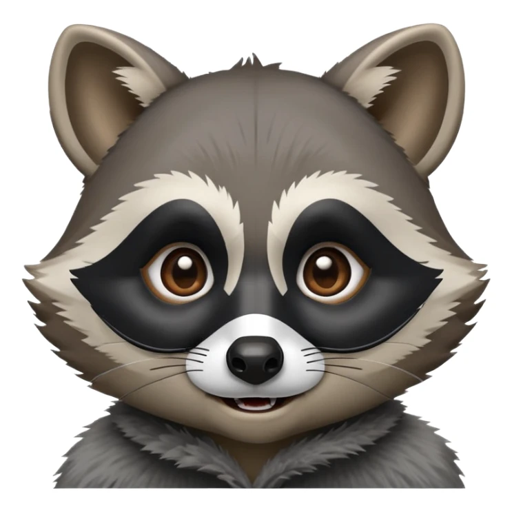 Cinematic-Comical-Raccoon-Portrait-Emoji – Head tilted dramatically with an exaggeratedly amused expression, featuring a fluffy grey coat with a signature black "bandit" mask, wide, mischievous brown eyes filled with playful disbelief. sticker