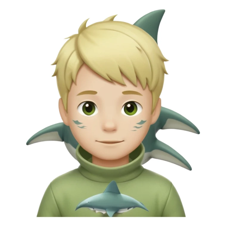Blonde boy with short hair with a matcha shark costume sticker
