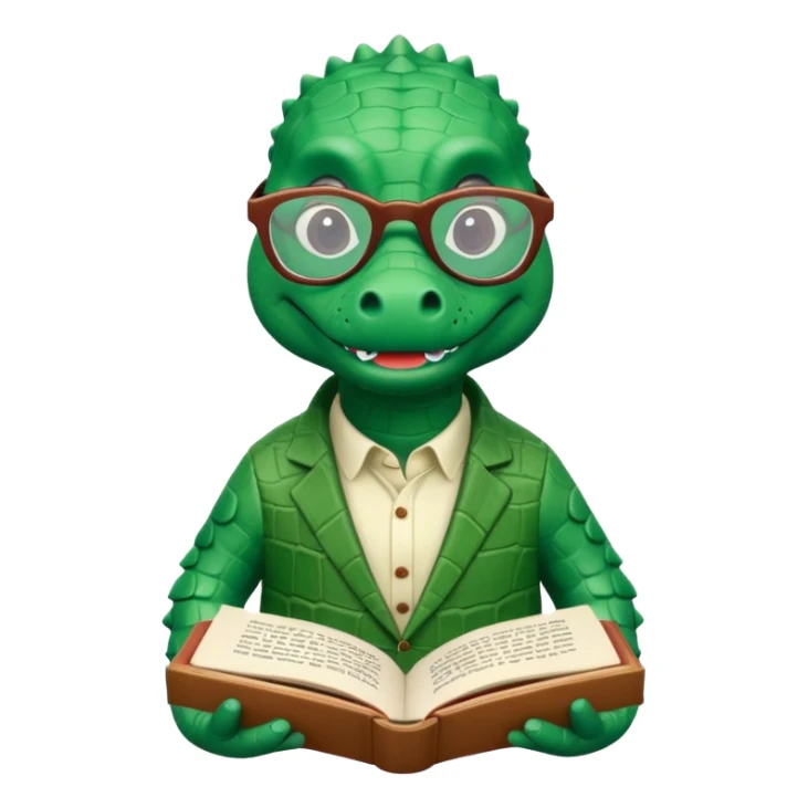 A claymation alligator with a book and glasses. The background is a solid white circle sticker
