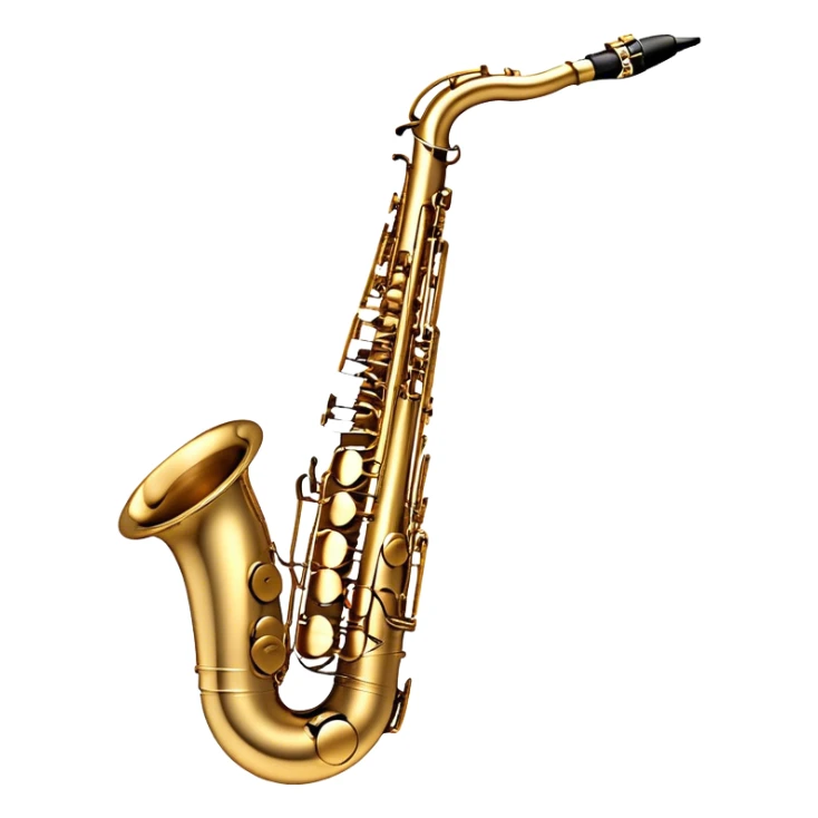 Create a sleek and sophisticated emoji representing the Selmer Super Action 80 Series II saxophone. The design should feature the smooth, golden brass body of the saxophone with its shiny keys and beautiful curves. Highlight the iconic bell of the saxophone and the fine details of the keywork, including the pads and springs. Include the mouthpiece at the top with a reed visible, capturing its essential role in sound production. Use rich gold and brass tones for the instrument with subtle light reflections to enhance its professional appearance. Add musical notes floating around the saxophone to evoke its smooth, jazzy sound. The background should be transparent. sticker