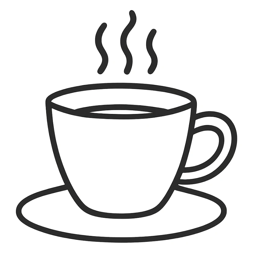 hand-drawn outlined icon of a coffee cup, black outlines, no fill, no color sticker