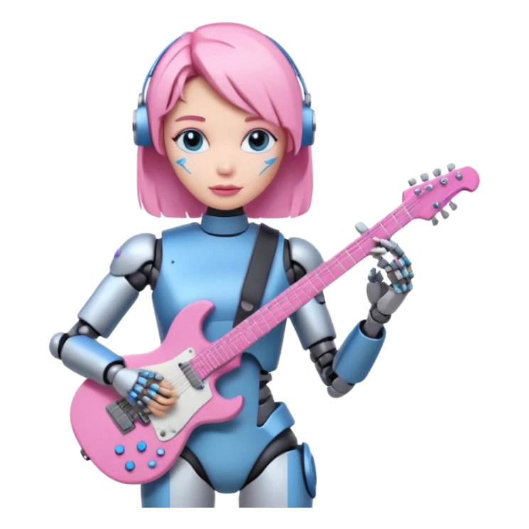 a cyper robot carry her note and electric guitar and try to change the world with pink and bluecolor sticker