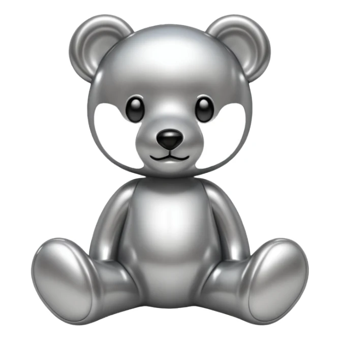 A cute teddy bear emoji made of liquid silver chrome, smooth rounded body, glossy metallic surface, soft reflections, friendly proportions, iOS emoji style, centered, clean white background sticker