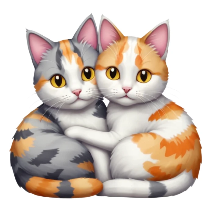 grey and white cat cuddling a colourful light patched calico + white tabby cat sticker