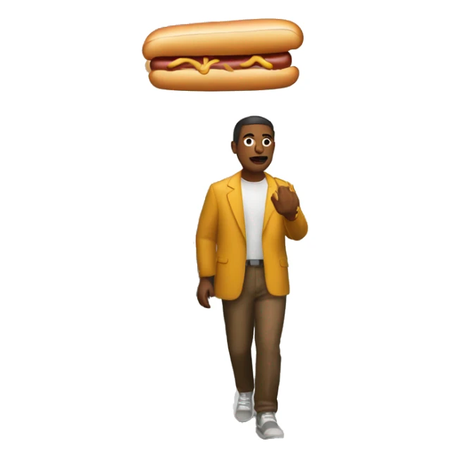 person walking in new york with a hot dog sticker
