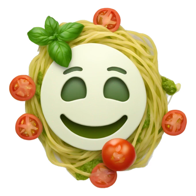 A plate with spaghetti with green pesto with mozarella and tomato  sticker