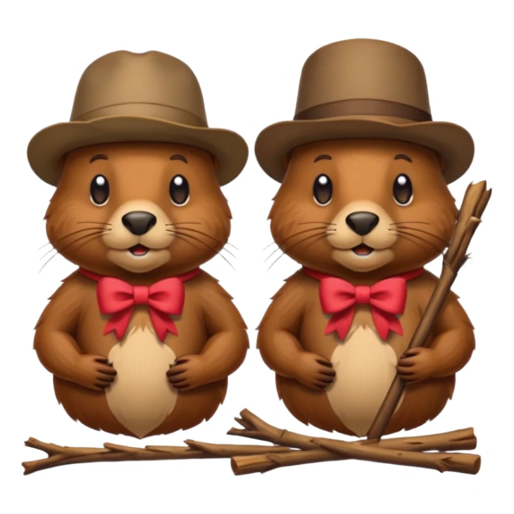 add a bow on the head of one beaver with another beaver without a bow on its head in a lodge of sticks and logs sticker