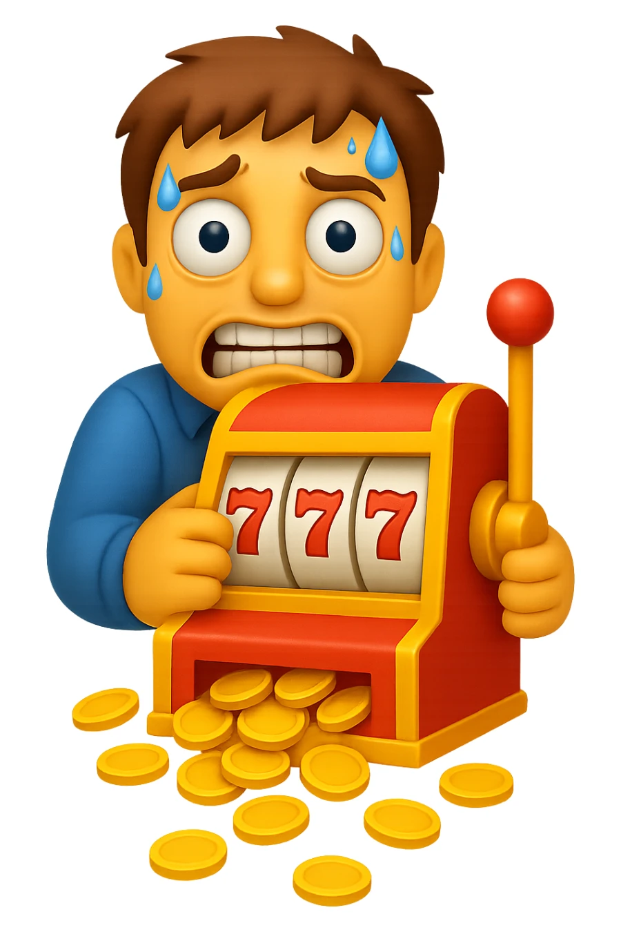 Make the man look even more desperate with wild eyes, frantic expression, sweating, clutching the slot machine, coins spilling out. Style: apple emoji style. sticker