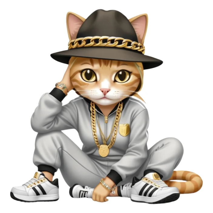 female cat lying down horizontally on the ground, crying, wearing Run DMC hip-hop outfit with tracksuit, fedora, Adidas sneakers, many gold chains, rings, bracelets, flashy earrings, no sunglasses sticker