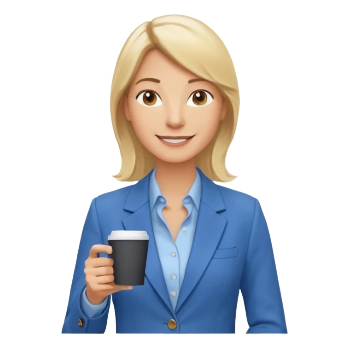 Confident and outgoing female entrepreneur, Caucasian features, shoulder-length blonde hair, big friendly smile, expressive eyes, wearing a blue blazer over a light blue blouse, holding a smartphone in one hand and a coffee cup in the other, waist-up, front-facing sticker
