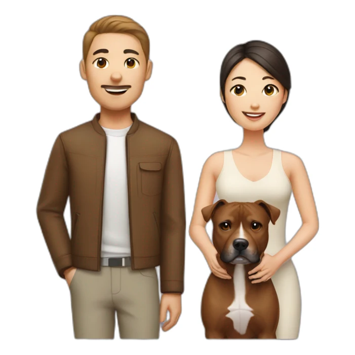 man and Chinese lady with brown Staffordshire terrier dog sticker