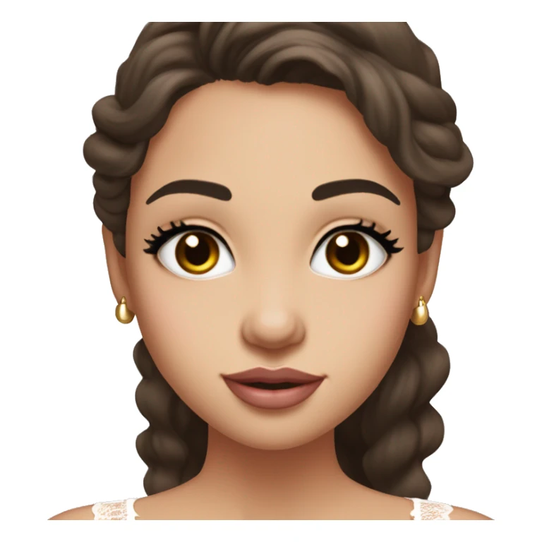 fair-skinned girl with black, slim shaped eyes and long lashes. long, dark brown hair styled in a wavy blowout. wearing a delicate white lace tank top and a dainty gold necklace, plump light pink lips. sticker