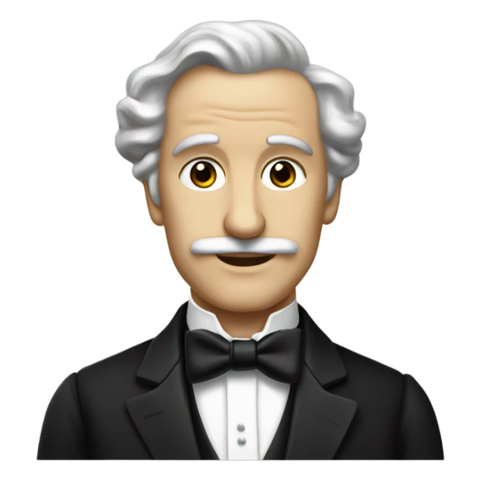 19th century white writer in a black tuxedo with a bow tie sticker