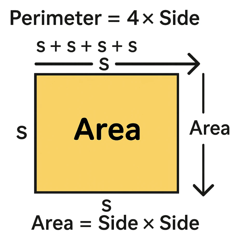 Add text labels: Perimeter = 4 × Side, Area = Side × Side. Place the labels near the square and colored area, suitable for grade 4. Keep the background transparent. sticker